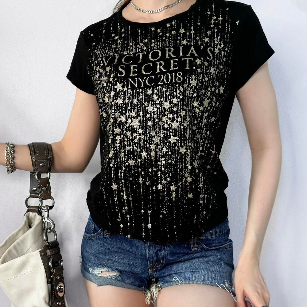 Victoria’s Secret NYC 2018 Limited Edition Black Tee T-Shirt Gold Glitter Small